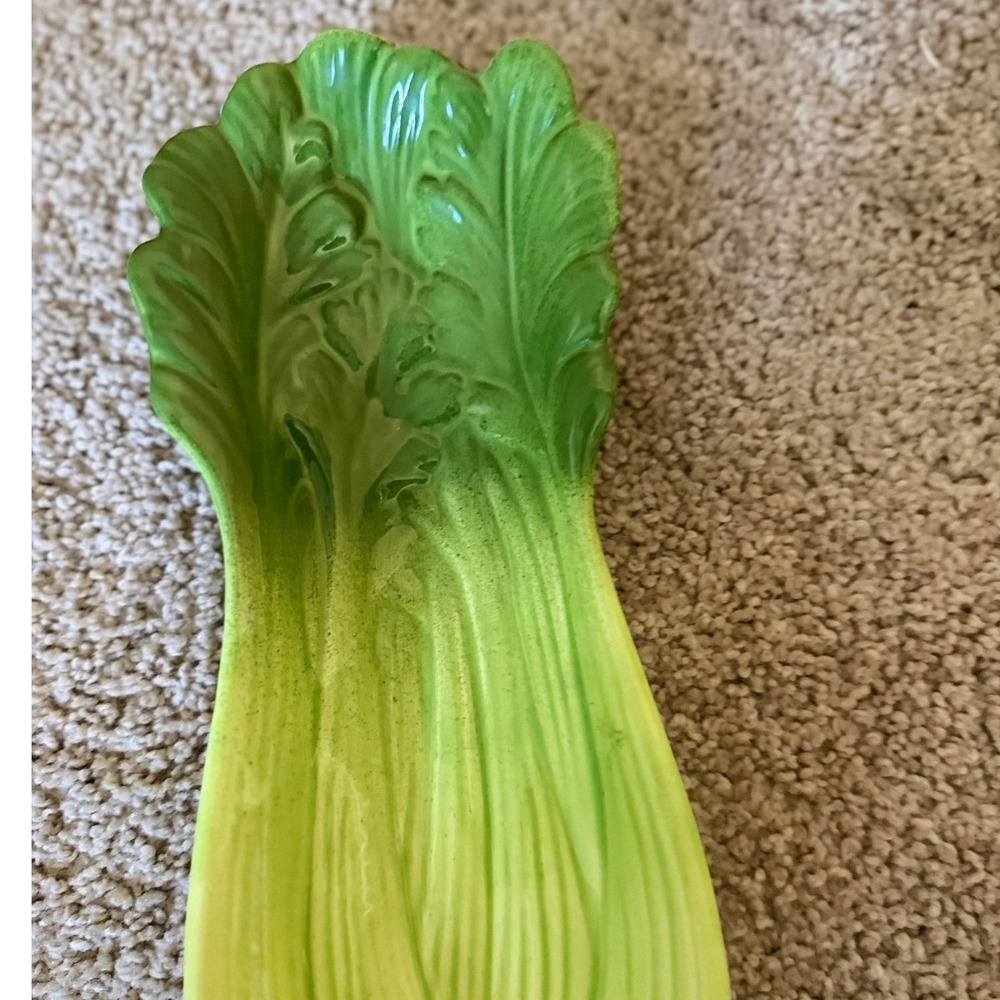 Vintage Celery Leaf Serving Dish Trinket Tray Spoon Rest Vegetable Ceramic - Picture 2 of 3